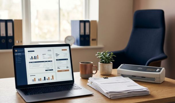 Schreibtisch mit Laptop, Rechnungsstapel und Dokumentenscanner