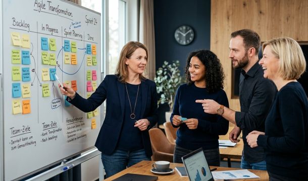Coach und Team am Whiteboard planen ein Veränderungsprojekt